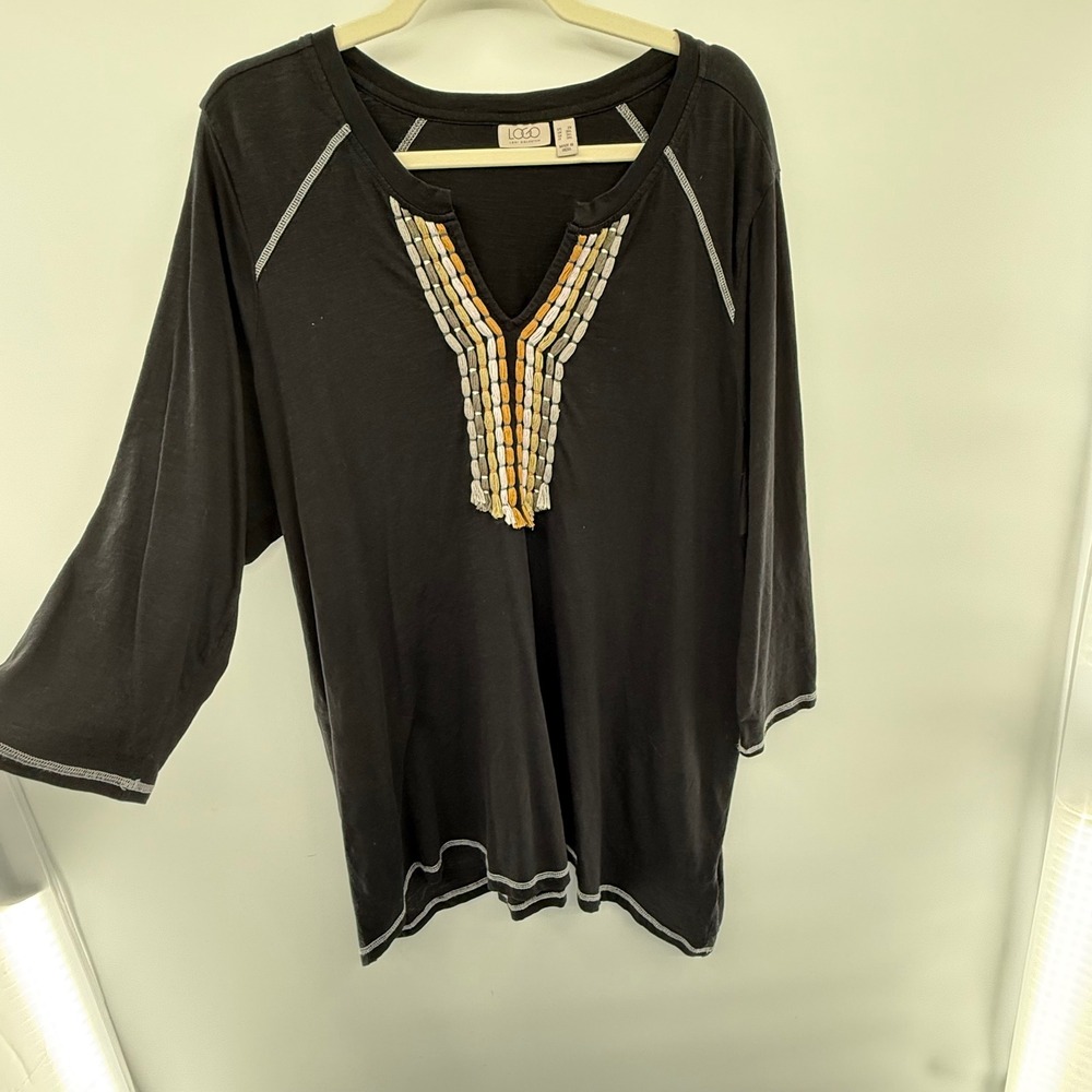 LOGO by Lori Goldstein‎ 2X Black Cotton Embellished V-Neck Tunic Top Boho Chic